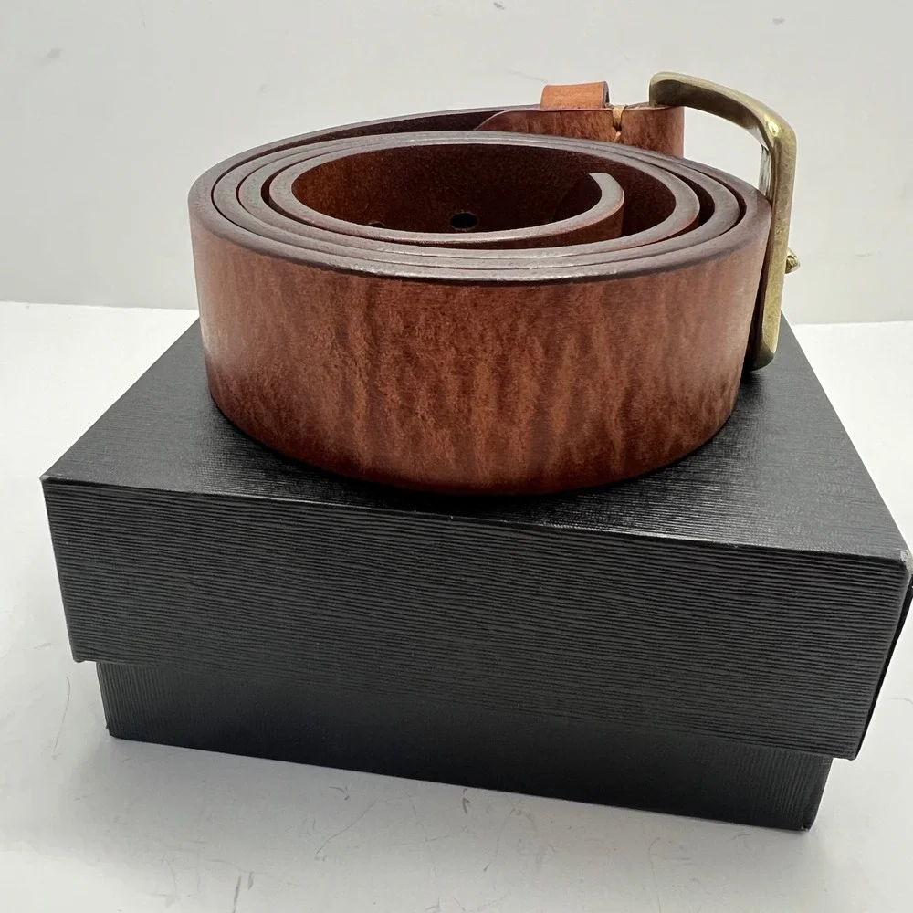 Beau Today Mens Brown Leather Belt Solid Brass Buckle Marbled Grain Size 40